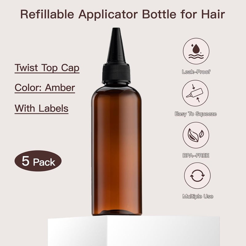 Tekson Hair Color Applicator Bottles, 5 Pack Refillable Squeeze Bottle, Empty Plastic Twist Top Cap Bottles (3.4 OZ, Amber) - Image 3